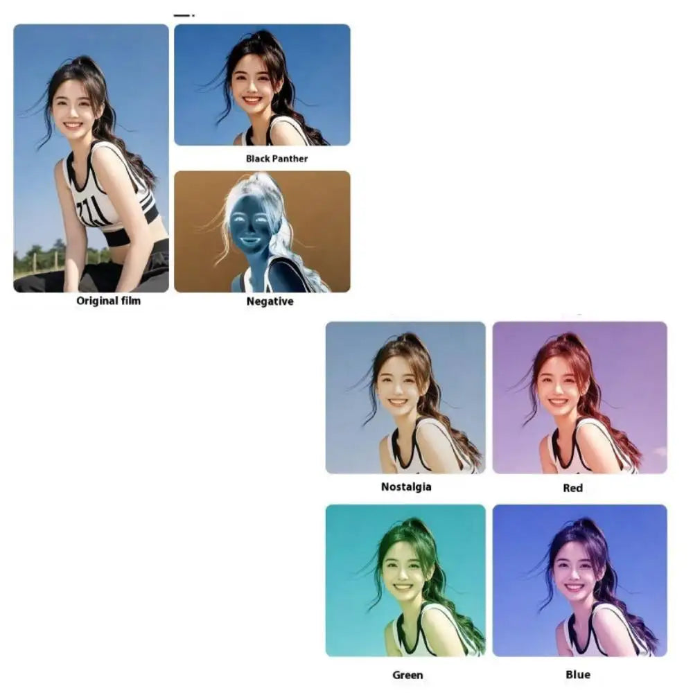 Collage of a woman with different color filters applied to her image.