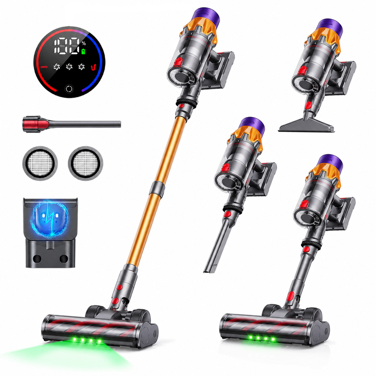 A Snapbuy P20 Cordless Vacuum Cleaner shown in multiple angles with accessories on a white background. The vacuum has a metallic silver body with a copper-orange handle, purple upper housing, and red and green accents.