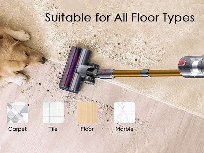 Snapbuy P20 Cordless Vacuum Cleaner cleaning a wooden floor with text 'Suitable for All Floor Types' and floor type icons below.