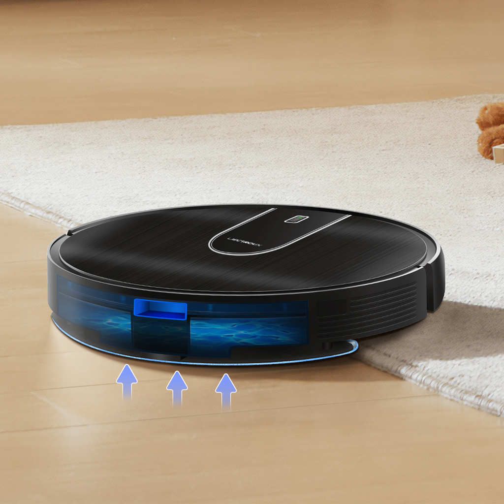Solvero Robot Vacuum on a wooden floor with a rug