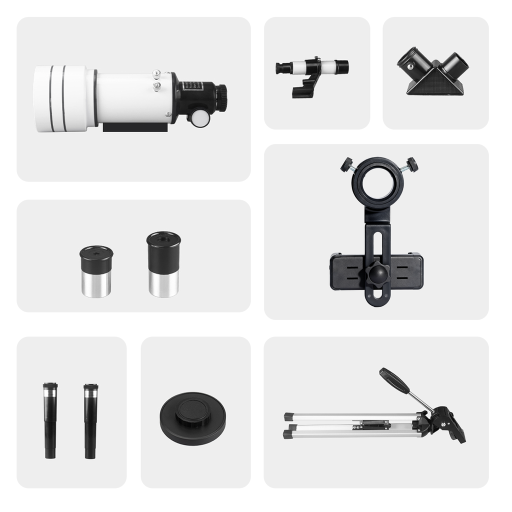 Collection of Sonora Astronomical Telescope accessories on a white background