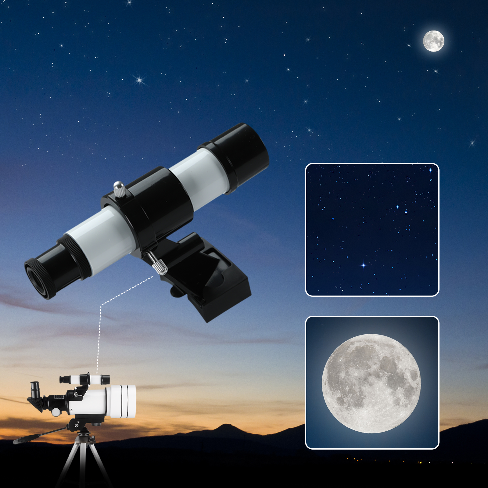 Sonora Astronomical Telescope with images of stars and moon against a night sky