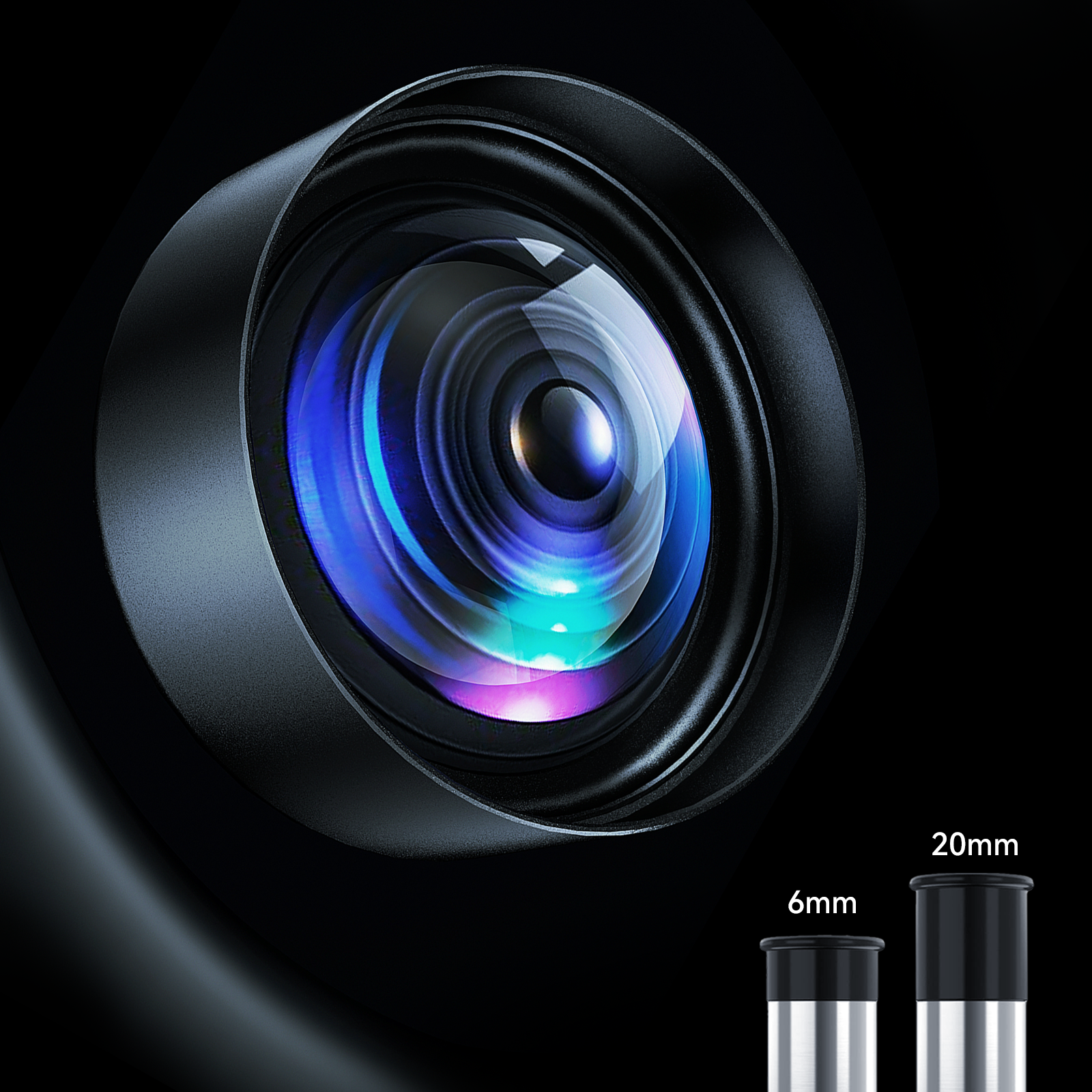 Sonora Astronomical Telescope lens with size indicators on a black background