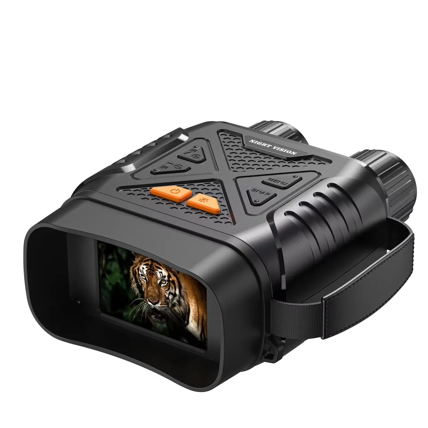 Black SpexNocti Night Vision Goggles device displaying a tiger on a screen with 'Night Vision' branding.