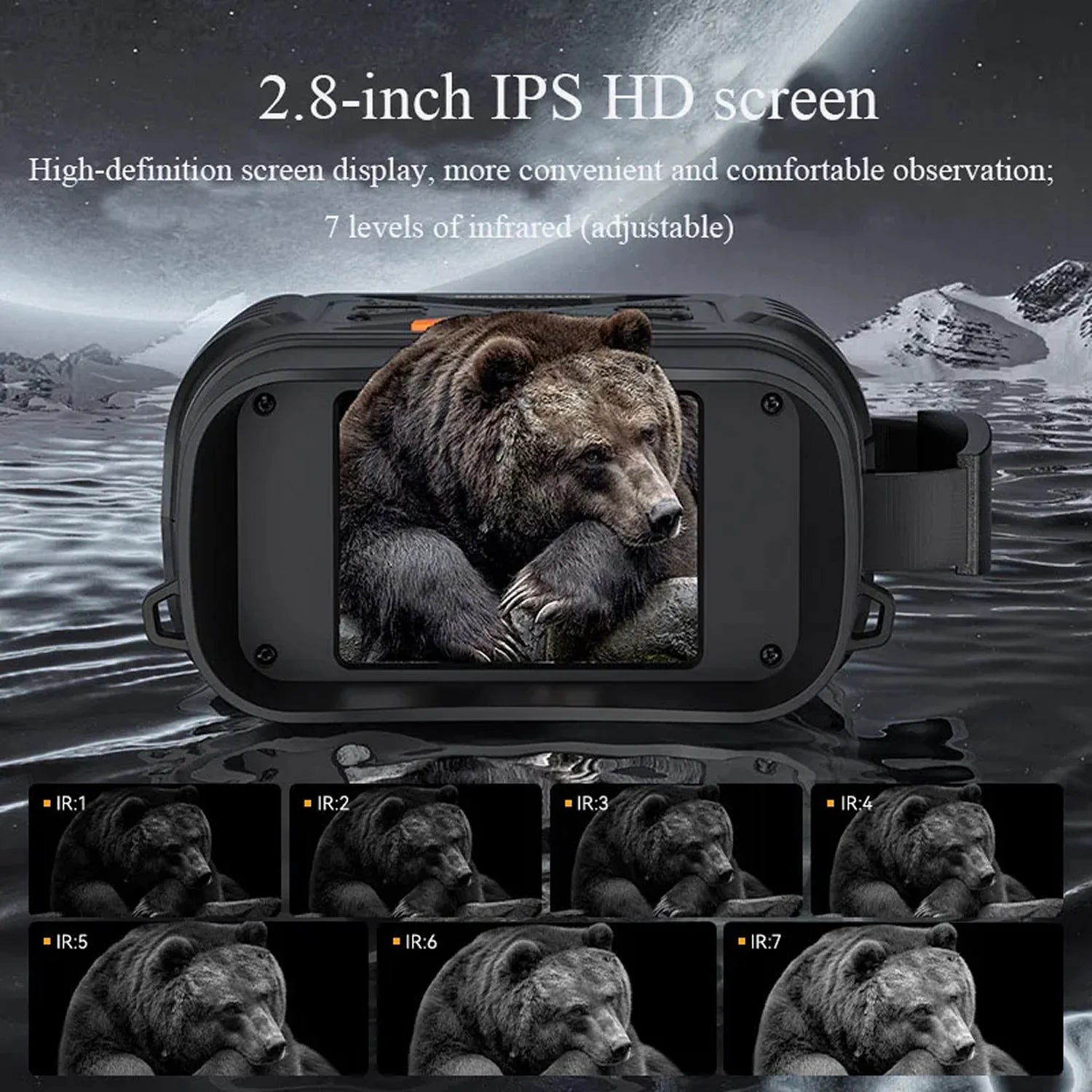 SpexNocti Night Vision Goggles with a screen displaying a bear in a mountainous landscape