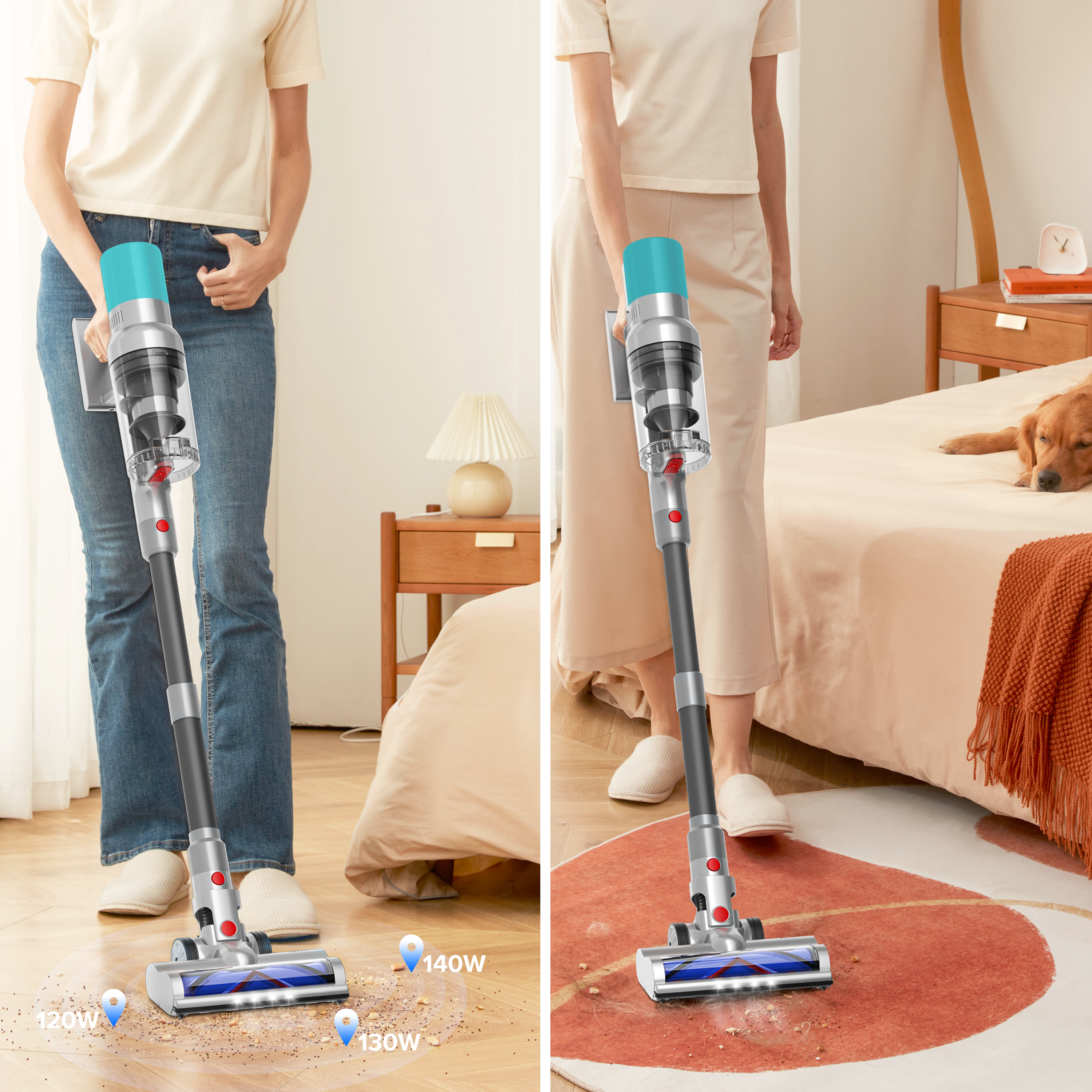 Stylish StarPod V18 Vacuum cleaner being used in a bedroom setting with a dog on the bed.