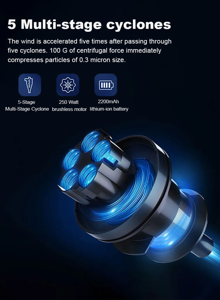 Product with blue light effects and text about multi-stage cyclones on a dark background