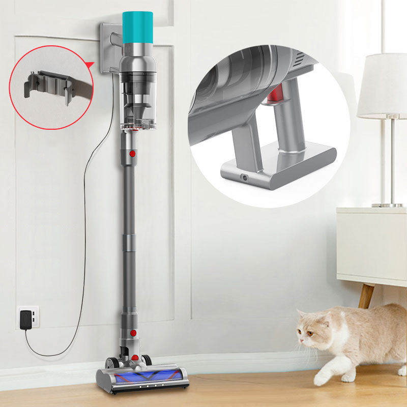 StarPod V18 Vacuum cleaner with attachments on a white background, cat in the foreground.