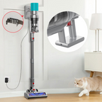 StarPod V18 Vacuum cleaner with attachments on a white background, cat in the foreground.