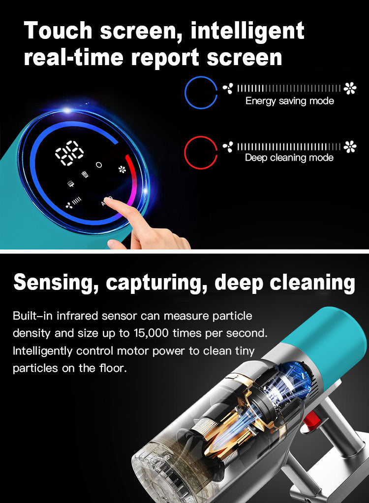StarPod V18 Vacuum cleaner with digital display and text about touch screen and real-time report screen.