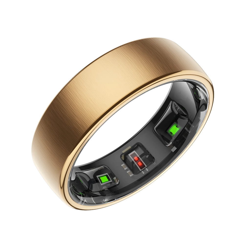 Gold Thurgoo Smart Ring with electronic components on a white background