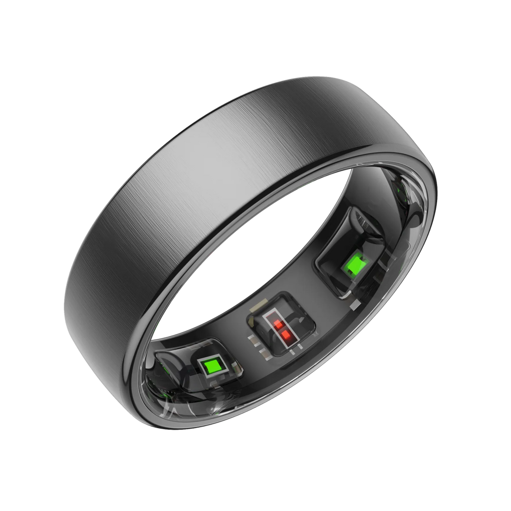 Black Thurgoo Smart Ring with electronic components on a white background