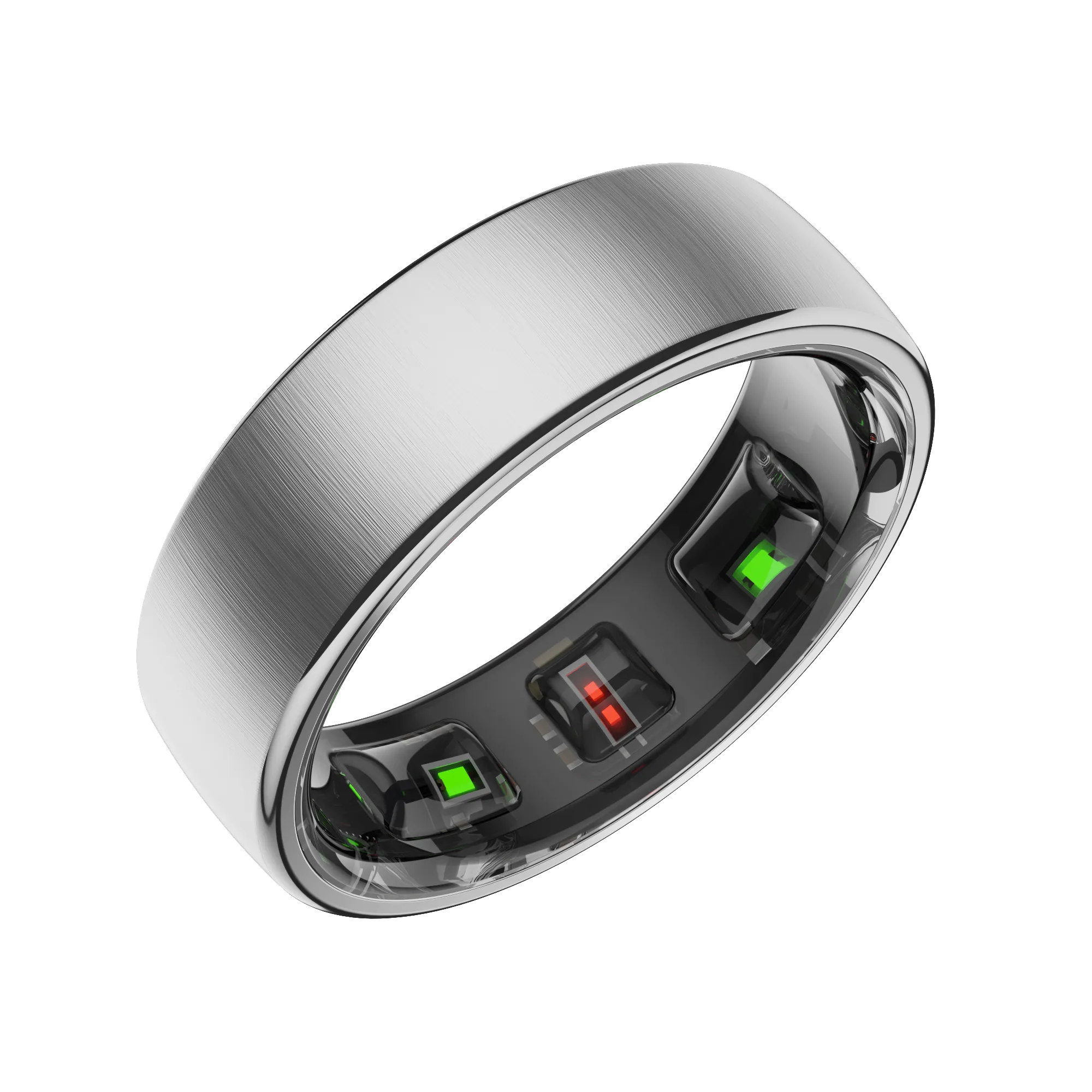 Silver Thurgoo Smart Ring with electronic components on a white background