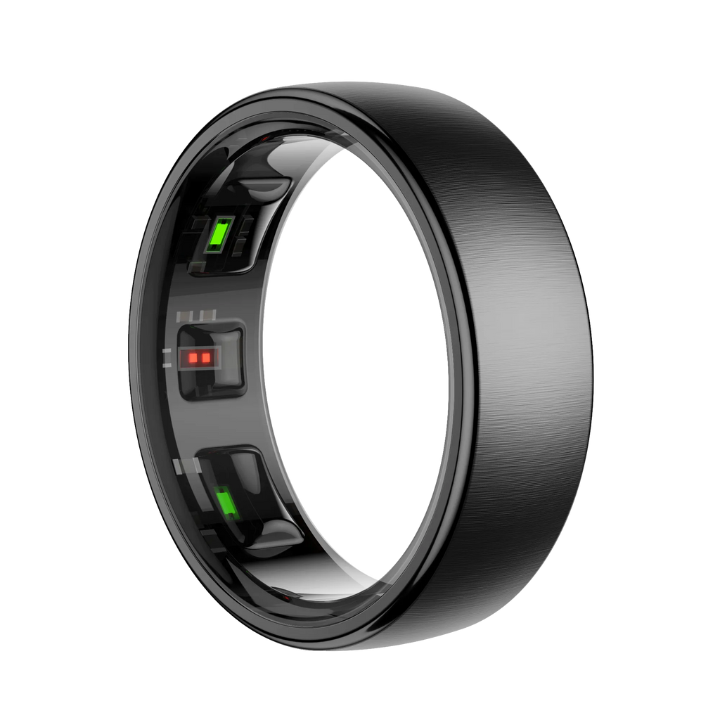 Black Thurgoo Smart Ring with electronic components on a white background
