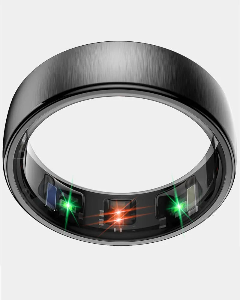 Black Thurgoo Smart Ring with colorful light effects on a white background