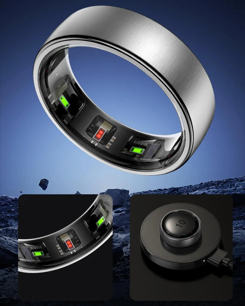 Silver Thurgoo Smart Ring with electronic components on a blue gradient background