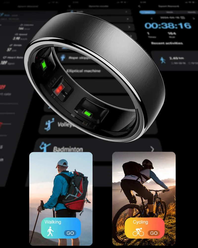 Thurgoo Smart Ring with digital display and buttons on a dark background with fitness app icons.