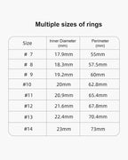 Table showing multiple sizes of Thurgoo Smart Ring with their inner diameter and perimeter measurements.