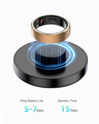 Thurgoo Smart Ring levitating above a charging base with battery life and standby time information.