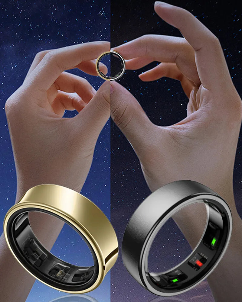 Two hands holding a gold and a silver Thurgoo Ring with digital displays on a starry night sky background.