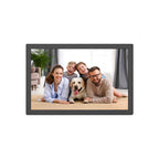 Trovoro Digital Photo Frame displaying a family with a dog on a carpeted floor.