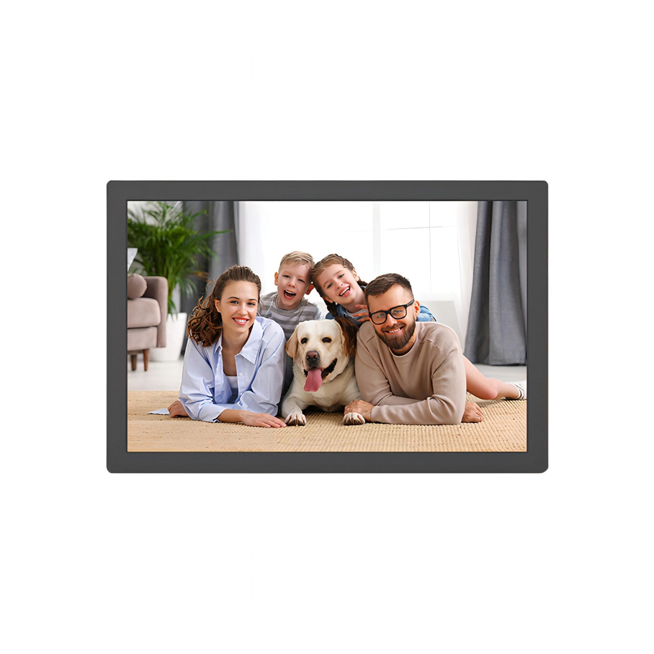 Trovoro Digital Photo Frame displaying a family with a dog on a carpeted floor.