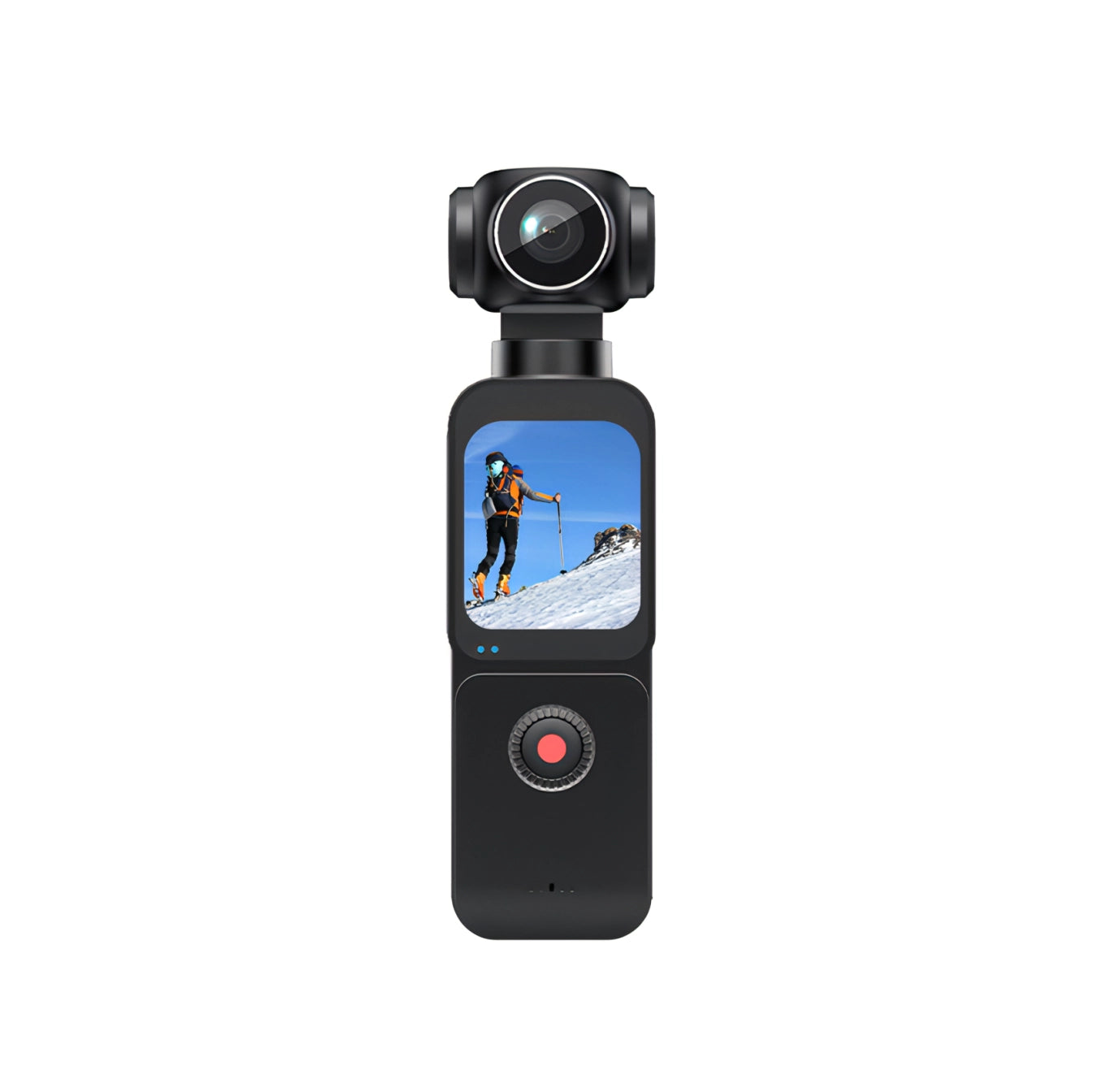 Black Trovoro Pocket Camera with screen displaying a skier on a mountain, on a white background