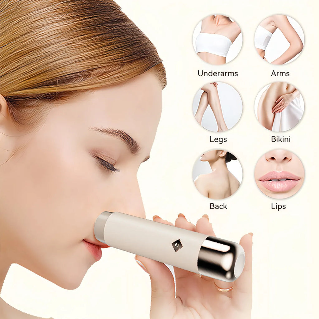 Woman using a Trovoro Lady Shaver on her lips with body部位 icons displayed.