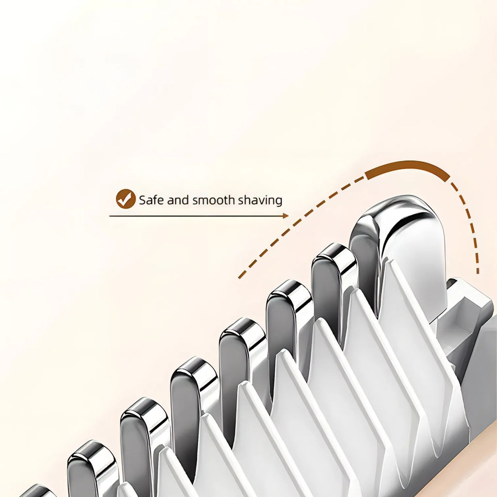 Close-up of a razor blade with 'Safe and smooth shaving' text on a beige background