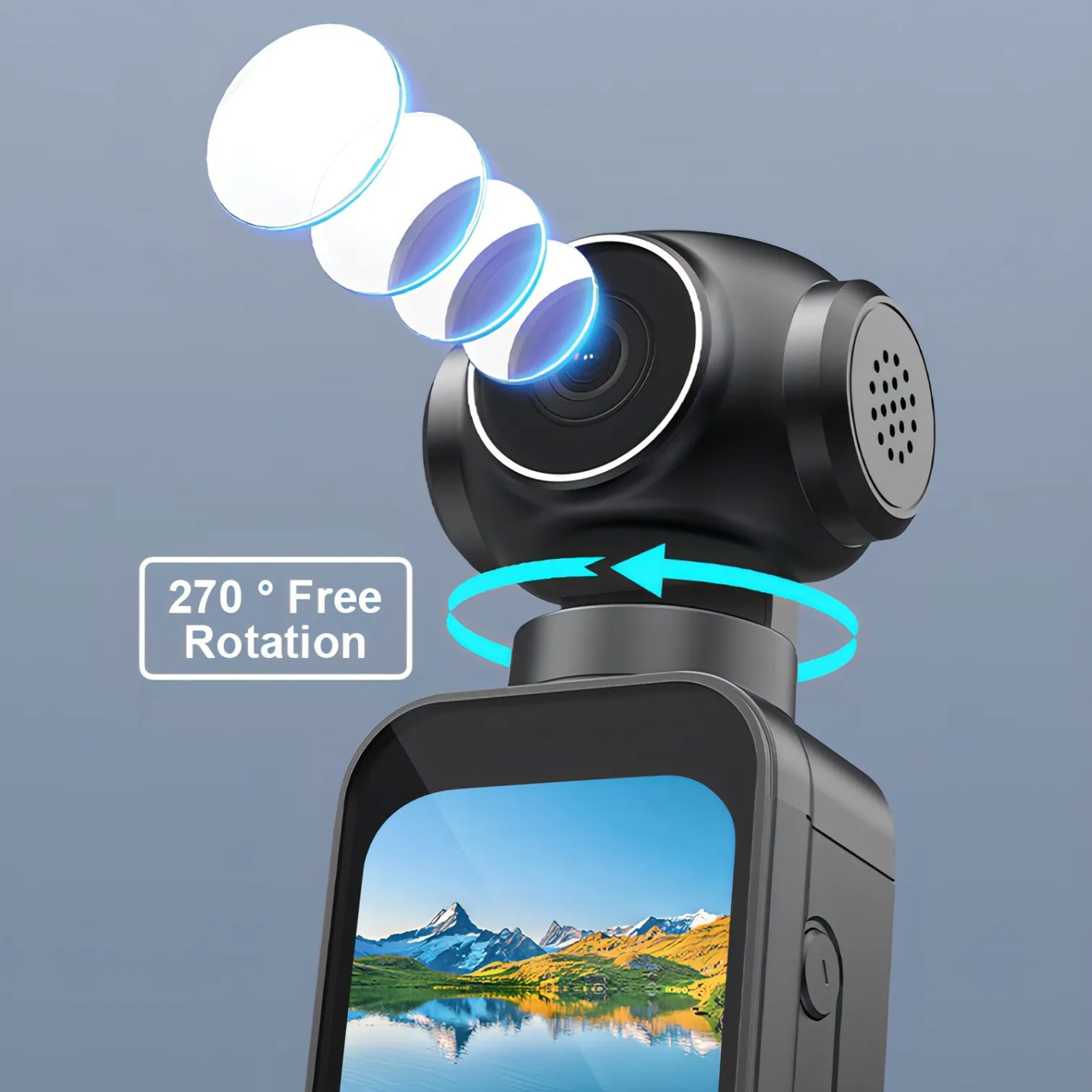 Trovoro Pocket Camera with 270-degree free rotation feature on a gray background