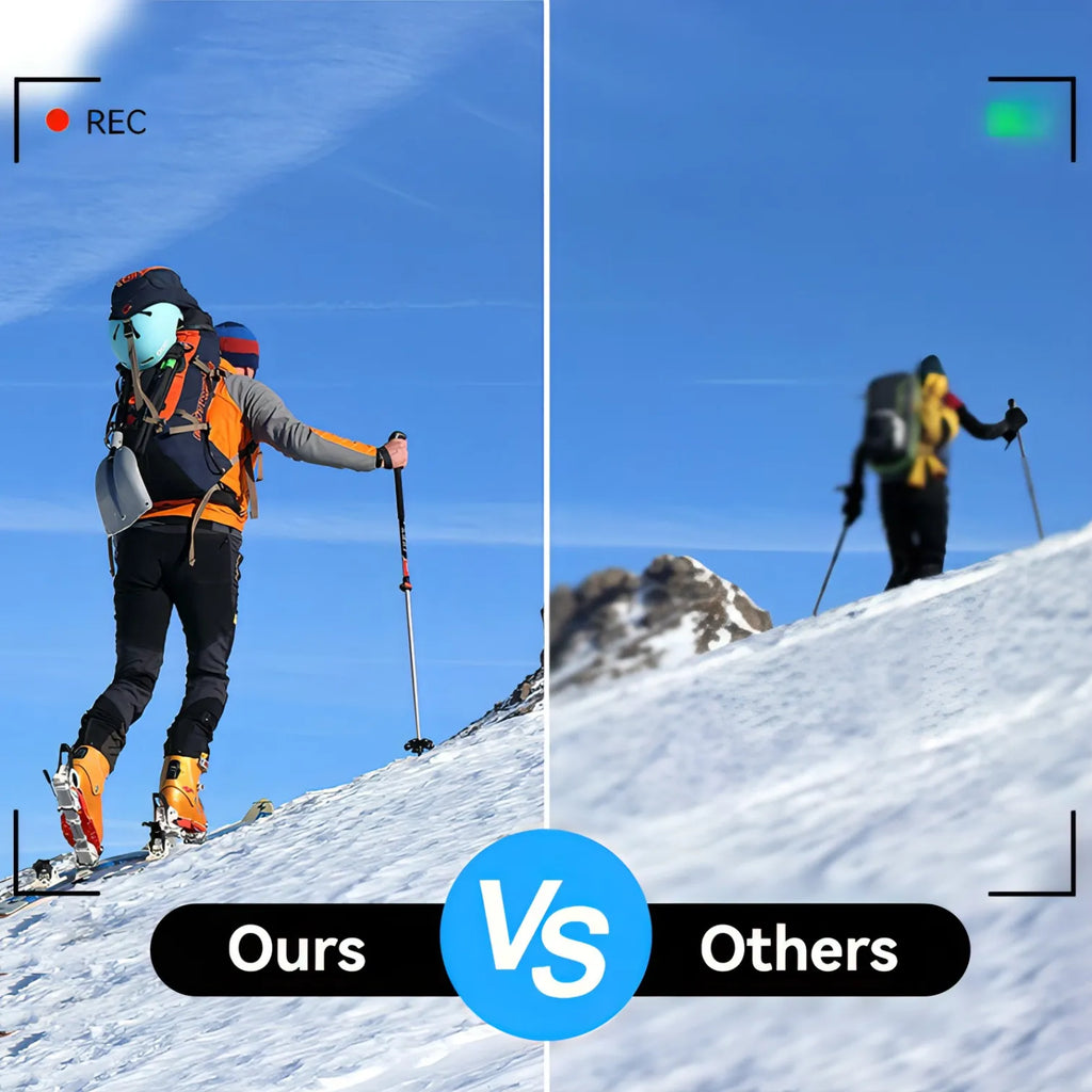 Two skiers on a mountain with 'Ours vs Others' text overlay.