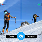 Two skiers on a mountain with 'Ours vs Others' text overlay.