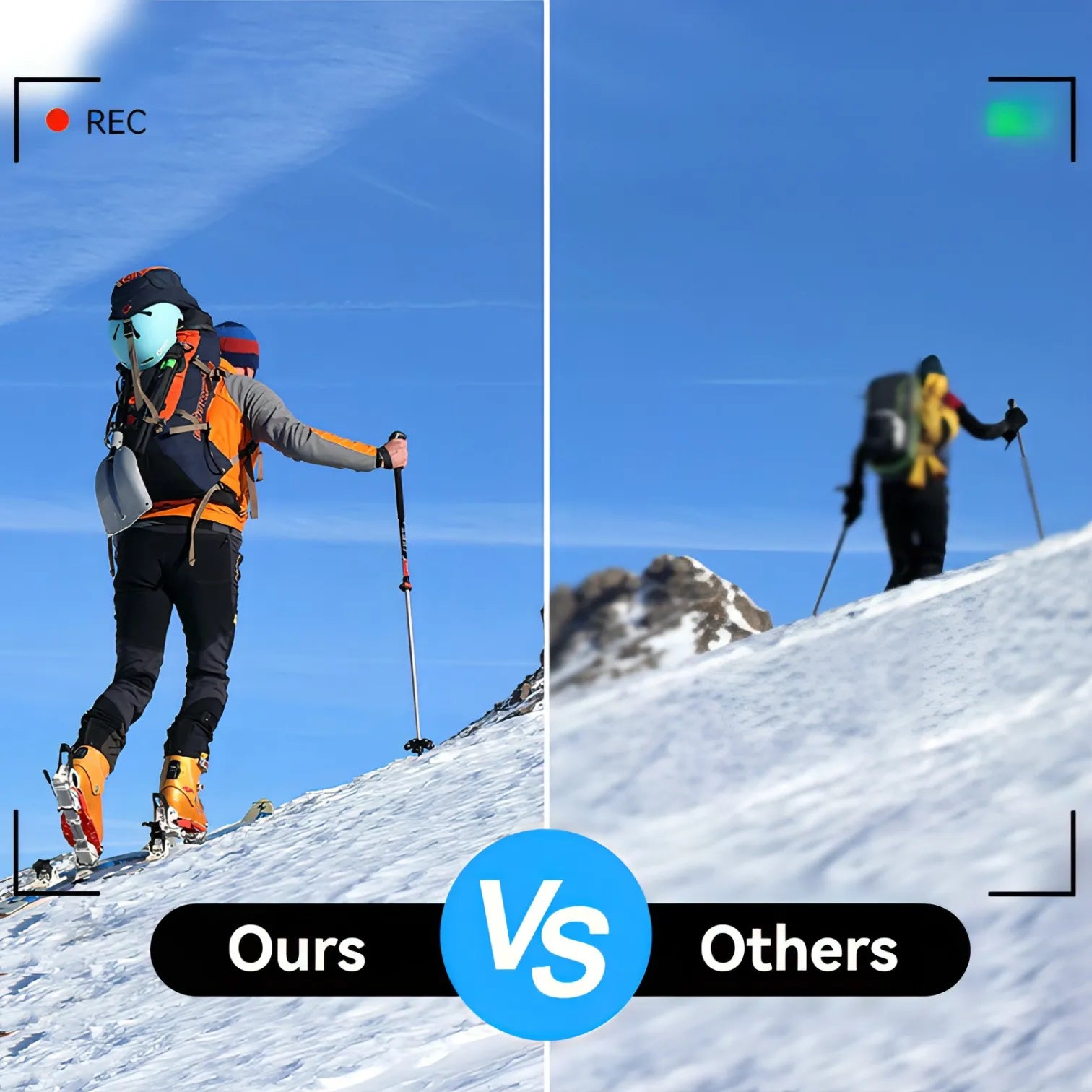 Two skiers on a mountain with 'Ours vs Others' text overlay.
