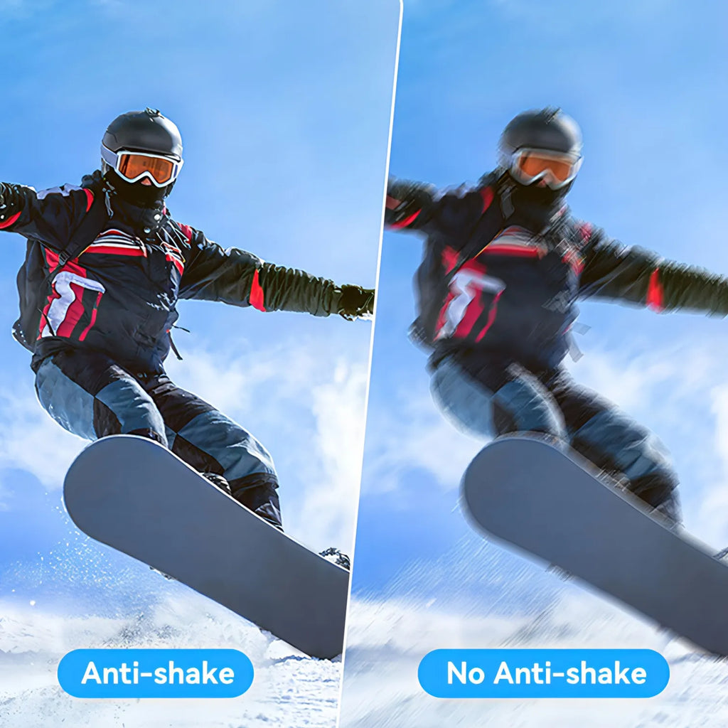 Side-by-side comparison of a snowboarder with Anti-shake on the left and No Anti-shake on the right against a blue sky.