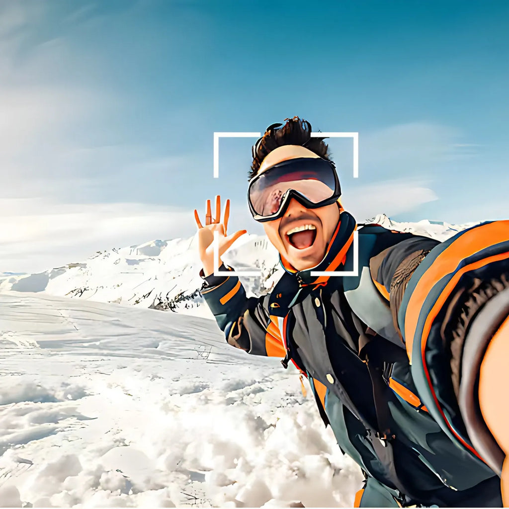 Person in winter gear with goggles in a snowy landscape