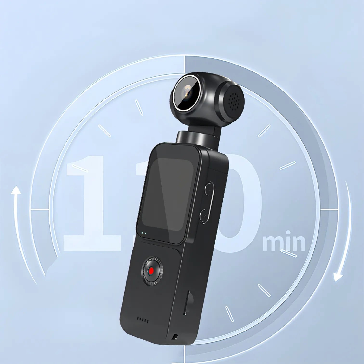 Black Trovoro Pocket Camera with a circular design element on a light blue background