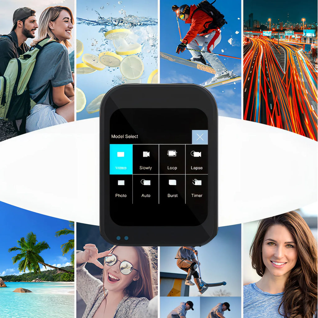 Black Trovoro Pocket Camera with interface on a collage of various images including people, nature, and activities.