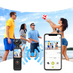 Smartphone with app interface overlay showing a beach scene with people playing volleyball, and a Trovoro Pocket Camera on the left.