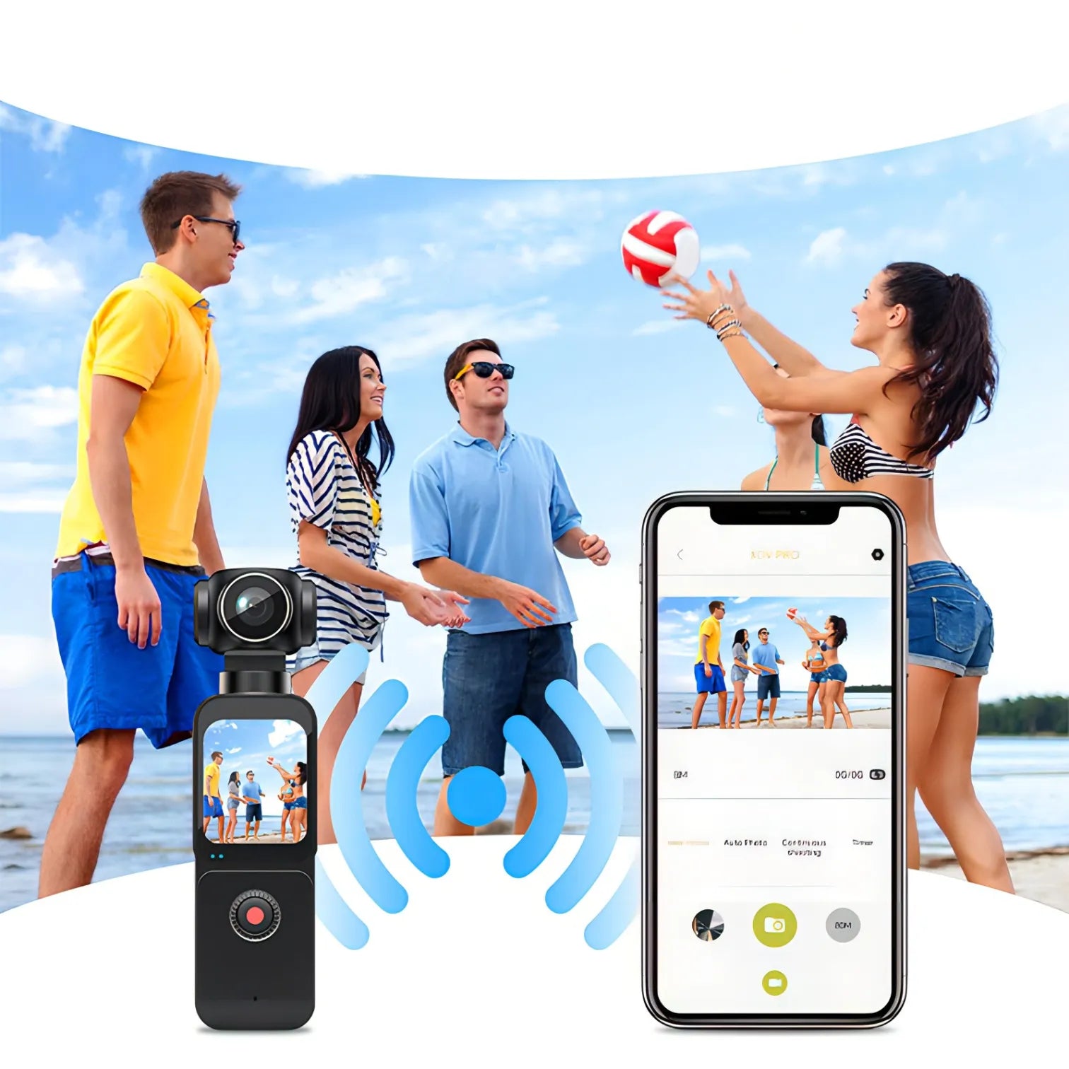 Smartphone with app interface overlay showing a beach scene with people playing volleyball, and a Trovoro Pocket Camera on the left.