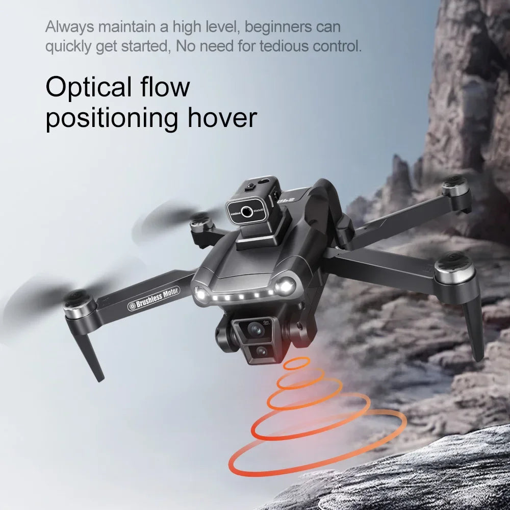 V198 Max Drone 8K  hovering over a rocky landscape with text about optical flow positioning.