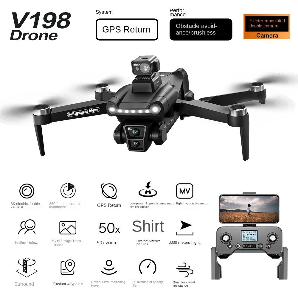 V198 Drone with features listed on a white background