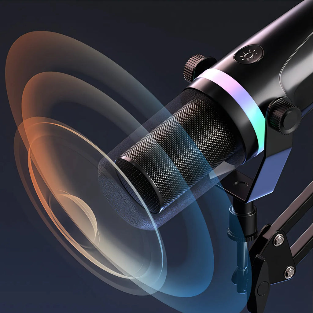 Close-up of a VIOSBO X1 Microphone with RGB lighting on a dark background