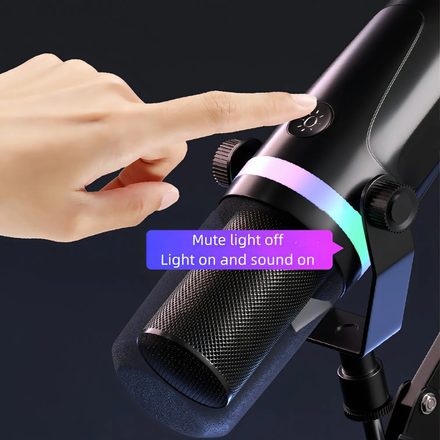 Hand pointing to a button on a VIOSBO X1 Microphone with RGB lighting, labeled 'Mute light off, Light on and sound on'.