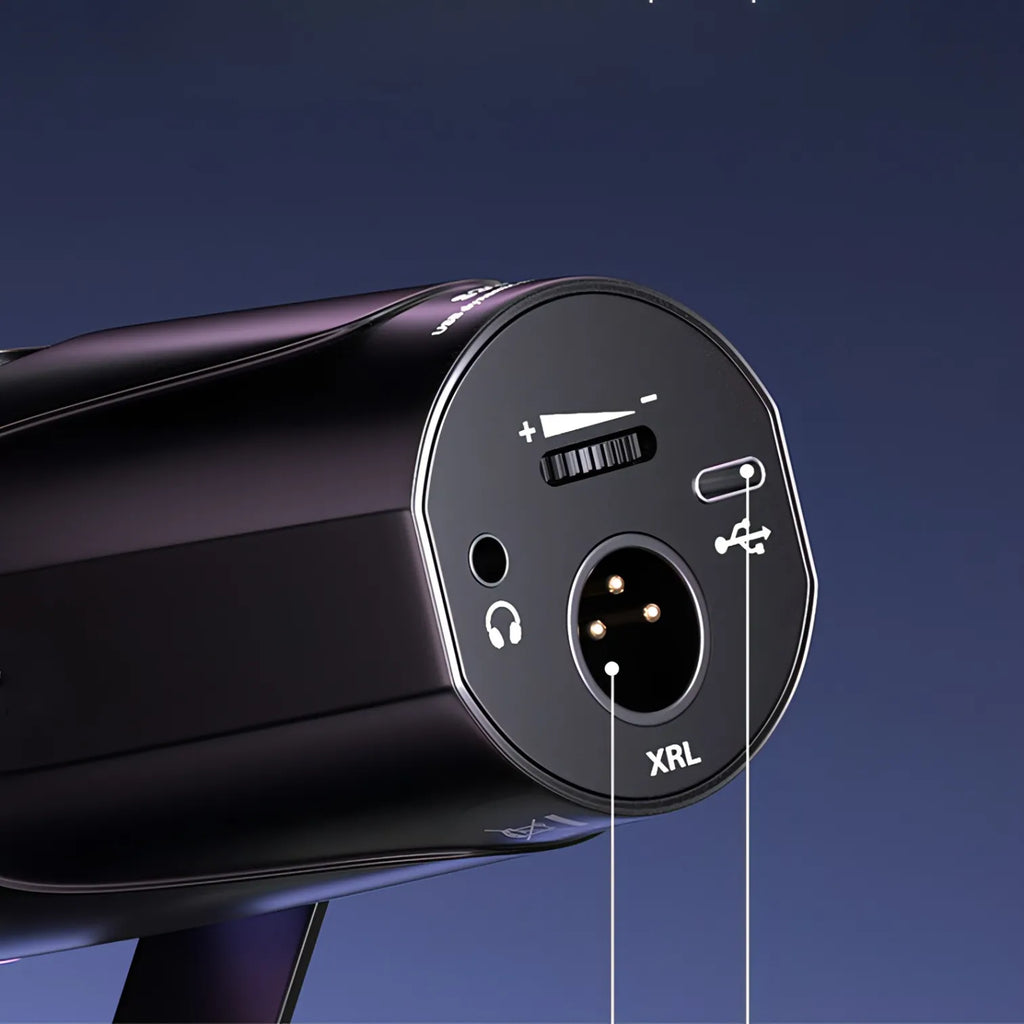 Close-up of a black VIOSBO X1 Microphone with labeled ports on a dark blue background