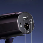 Close-up of a black VIOSBO X1 Microphone with labeled ports on a dark blue background