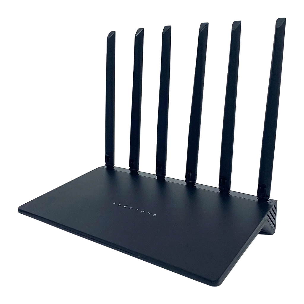 Black Vakoda Wi‑Fi 6 Router with multiple antennas on a white background