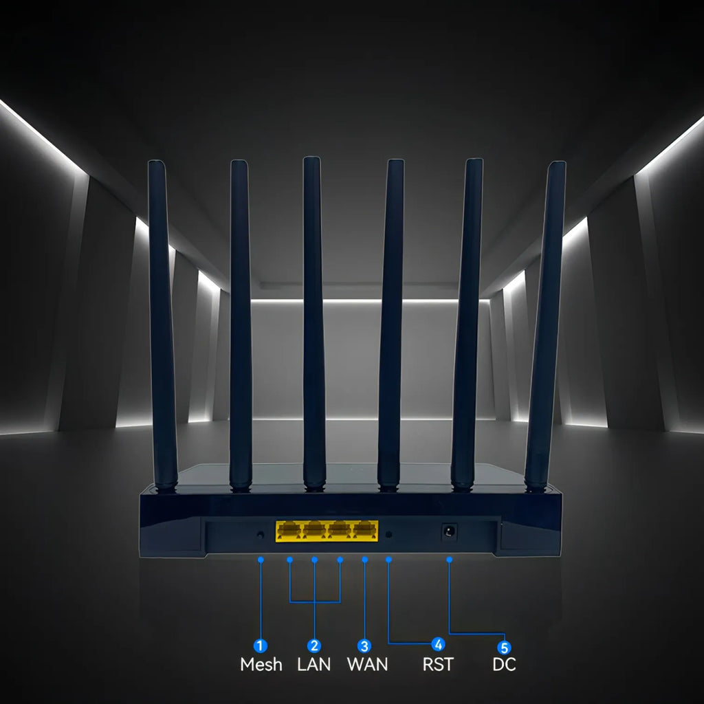 Vakoda Wi‑Fi 6 Router with multiple antennas in a dark tunnel setting