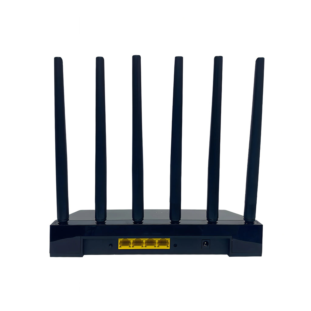 Black Vakoda Wi‑Fi 6 Router with multiple antennas on a white background