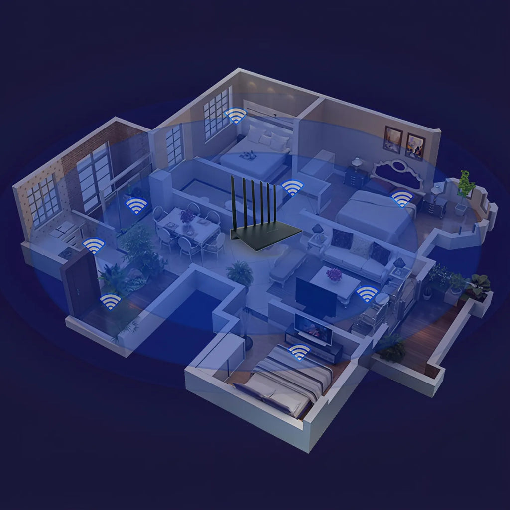 Isometric view of a modern house layout with smart home Vakoda Wi‑Fi 6 Router features on a dark background