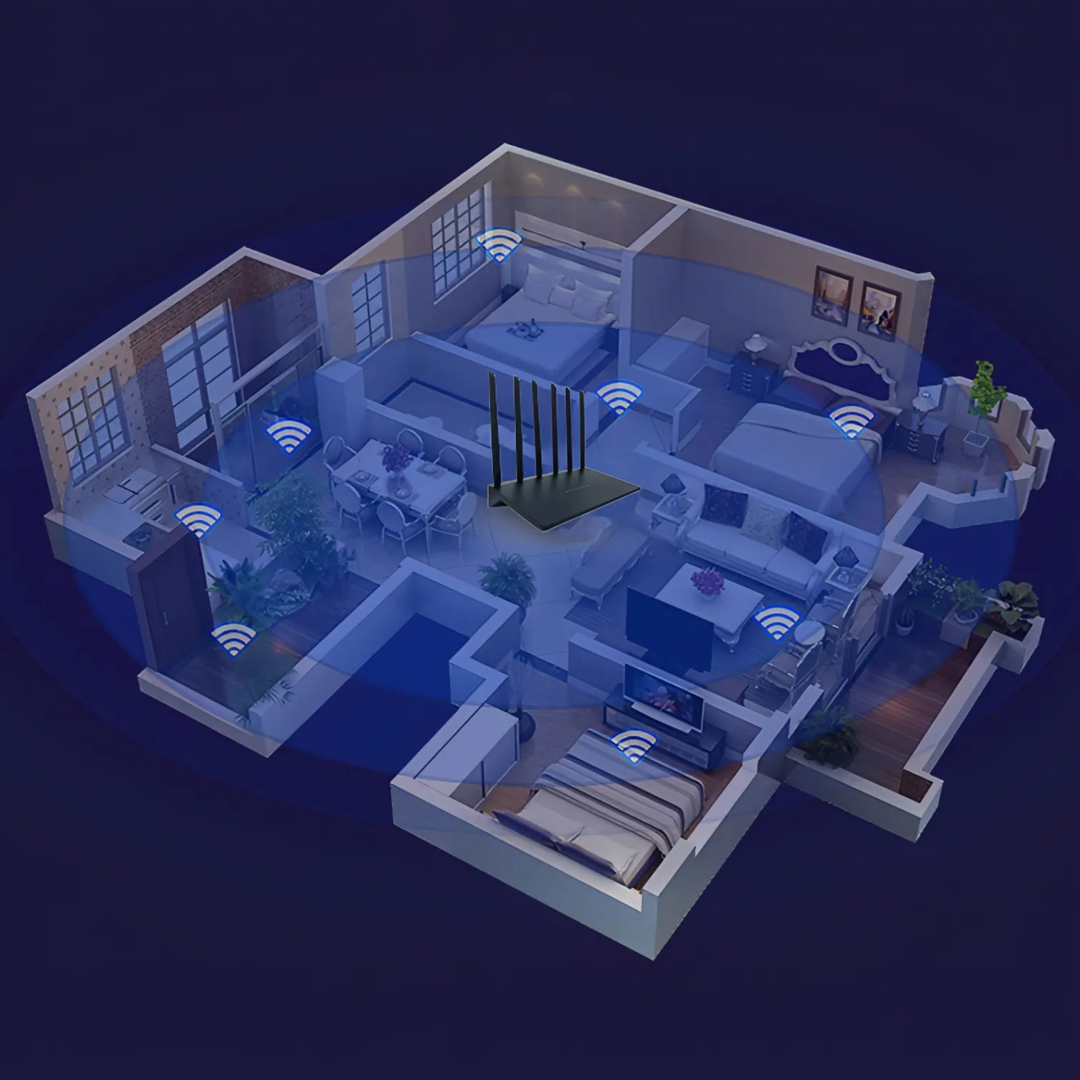 Isometric view of a modern house layout with smart home Vakoda Wi‑Fi 6 Router features on a dark background